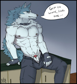 abs animal_genitalia anthro balls clothing collar dialogue genitals gloves handwear male muscular nipples sheath solo foskybleu brand_new_animal studio_trigger shirou_ogami canid canine canis mammal wolf