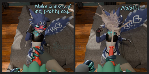 2_panel_comic ambiguous_gender animal_genitalia animal_penis bed biped black_border blush bodily_fluids border claws clothed clothing cum cum_in_mouth cum_inside cum_on_face cum_on_partner cum_splash cum_splatter cumshot dialogue ejaculating_on_another ejaculation erection excessive_cum excessive_genital_fluids eye_contact faceless_character faceless_male feathers female female_focus first_person_view fist flared_penis from_front_position furniture genital_fluids genitals half-closed_eyes hand_on_head humor inside kerchief knot knot_grab leaning leaning_backward lgbt_pride looking_at_another looking_at_viewer male male/ambiguous male_pov manual_masturbation masturbation masturbation_pov narrowed_eyes nubbed_penis on_bed one_eye_closed open_mouth orgasm penile penile_masturbation penis pride_colors regret seductive sex size_difference solo_focus surprised text topwear transgender_pride_colors beanthusiast asher_sterling kalala avali wickerbeast 2025 2:1 3d_(artwork) blender_(artwork) comic digital_media_(artwork) english_text hi_res female_(lore) maleherm_(lore)