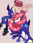 ambiguous_gender blue_eyes blush brown_hair clothed clothing duo female hair hat headgear headwear hug long_tongue open_mouth red_eyes simple_background tongue tongue_out amezawa_koma nintendo pokemon pokemon_trainer serena_(pokemon) amphibian generation_6_pokemon greninja human mammal pokemon_(species)