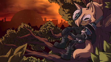 anthro biped boots branch cheek_tuft city cityscape cloak clothed clothing cute_fangs detailed_background eyes_closed facial_tuft fangs female footwear fully_clothed gloves hair hair_over_eye handwear holding_object holding_weapon in_tree mask on_branch one_eye_obstructed plant shoes sitting solo sunset teeth tree tuft weapon weapon_on_shoulder plagueofgripes idw_publishing sega sonic_the_hedgehog_(comics) sonic_the_hedgehog_(idw) sonic_the_hedgehog_(series) whisper_the_wolf canid canine canis mammal wolf 16:9 2018 absurd_res digital_media_(artwork) hi_res wallpaper warm_colors widescreen