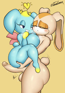 anthro balls biped blue_body blush breasts butt duo eyelashes female genitals nude penis pupils simple_background tan_body thick_thighs texalunax sega sonic_the_hedgehog_(series) cream_the_rabbit milf_chao_(leviantan581re) chao_(sonic) lagomorph leporid mammal rabbit 2026 digital_media_(artwork) hi_res