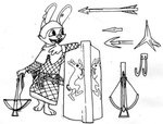 2016 3_toes 4_fingers anthro arbalist armor arrow_(weapon) arrowhead belt black_and_white buckteeth caltrop caltrops cheek_tuft coat_of_arms crest_(heraldry) crossbow crossbow_bolt disney facial_tuft fan_character feet feral fingers fur gambeson headgear helm_(armor) helmet heraldry holding_crossbow holding_object holding_weapon labjer lagomorph leporid male mammal medieval medieval_shield melee_weapon monochrome notched_ear open_mouth open_smile pavise rabbit ranged_weapon scabbard scut_tail sheathed_sword shield short_tail simple_background sketch smile solo sword symbol tail teeth toes traditional_media_(artwork) tuft weapon white_background white_body white_fur zootopia