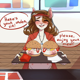 anthro blush breasts brown_hair brown_spots burger embarrassed fast_food female food fries fur hair humanoid_face multi_nipple nipples presenting presenting_breasts serving spots white_body white_fur working reesoochan billie_foster canid canine canis domestic_dog mammal pit_bull 1:1 hi_res unavailable_at_source