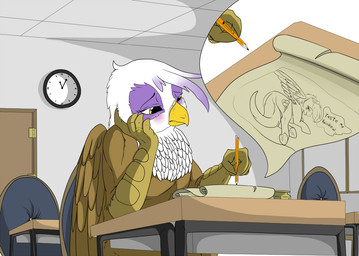 anthro beak blush brown_body brown_feathers classroom desk doodling_in_class feathered_wings feathers female feral furniture parchment purple_body purple_feathers school solo table tail white_body white_feathers wings yellow_eyes backlash91 conditional_dnp friendship_is_magic hasbro my_little_pony mythology gilda_(mlp) rainbow_dash_(mlp) avian equid equine gryphon mammal mythological_avian mythological_creature mythological_equine pegasus 2014 digital_media_(artwork) sketch