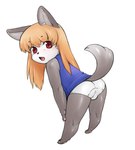 anthro blonde_hair blue_clothing blue_dress brown_eyes clothed clothing crotch_seam dipstick_tail dress female fur grey_body grey_ears grey_fur grey_inner_ear grey_tail_tip hair markings open_mouth panties pawpads simple_background solo tail tail_markings tail_under_skirt tail_upskirt underwear upskirt white_background white_clothing white_face white_panties white_underwear young young_anthro young_female tendou_001 futaba_channel akuma_gaoru canid canine canis mammal 2010