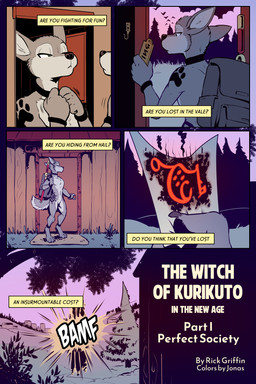 anthro backpack backpack_only female tattoo text rick_griffin in_the_new_age the_witch_of_kurikuto ideka canid canine canis mammal wolf 2024 2:3 comic english_text hi_res
