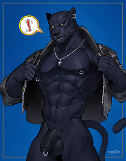 abs anthro balls biped black_balls black_nipples black_penis blue_background clothing ear_piercing ear_ring flaccid foreskin genital_piercing genitals jacket jewelry male male_anthro muscular muscular_anthro muscular_male navel necklace nipple_piercing nipple_ring nipples pecs penis penis_piercing piercing prince_albert_piercing ring_piercing scar simple_background solo topwear undressing vein veiny_penis yellow_eyes deaddragonp epic_games fortnite boss_koji_(fortnite) felid mammal pantherine 2025 digital_media_(artwork) hi_res