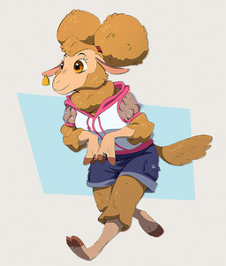 anthro bottomwear clothing denim denim_bottomwear denim_clothing denim_shorts ear_piercing ear_tag eyelashes female fingers floppy_ears fluffy fluffy_tail fur hooved_fingers hooves jacket piercing shorts simple_background smile snout solo tail topwear translucent translucent_clothing twintails_(hairstyle) yellow_body yellow_eyes yellow_fur ruffu meryl_(ruffu) bovid caprine domestic_sheep mammal merino_sheep sheep digital_drawing_(artwork) digital_media_(artwork)