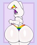 anthro big_butt biped blush butt clothed clothing huge_butt male multicolored_clothing multicolored_underwear pupils rainbow_clothing rainbow_underwear rear_view thick_thighs thong topless underwear white_body virito mel_doce_(virito) lagomorph leporid mammal rabbit absurd_res hi_res