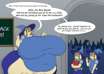 anthro belly big_belly big_breasts blush bodily_fluids book bottomwear breasts chalkboard clothing eyes_closed eyewear female glasses greeting group hat headgear headwear huge_breasts huge_thighs hyper hyper_breasts mature_female navel_outline obese obese_anthro obese_female open_mouth overweight overweight_anthro overweight_female speech_bubble sweat text thick_thighs topwear trio young satsumalord reyda_(turquoisegoat) bovid caprine goat mammal 2025 comic_sans digital_media_(artwork) english_text hi_res daughter_(lore) mother_(lore) mother_and_child_(lore) mother_and_daughter_(lore) parent_(lore) parent_and_child_(lore) parent_and_daughter_(lore)