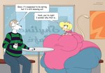 anthro belly beverage big_belly big_breasts big_butt blonde_hair blue_eyes bottomwear breasts butt clothing container copyright_symbol cup duo female furniture hair horn huge_breasts huge_thighs male morbidly_obese obese obese_anthro obese_female overweight overweight_anthro overweight_female pants sitting snow speech_bubble sweater symbol table text thick_thighs topwear satsumalord ares_(arestheram) sandy_(satsumalord) bovid caprine gerbil mammal murid rodent 2014 digital_media_(artwork) english_text hi_res