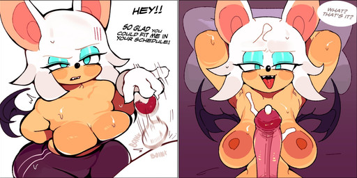 anthro bedroom_eyes big_breasts big_penis blush bodily_fluids breasts cleavage clothed clothing cum cumshot duo ejaculation female genital_fluids genitals hands_behind_back looking_at_viewer male male/female narrowed_eyes nipples nude penis penis_between_breasts seductive thick_thighs tight_clothing tongue tongue_out wide_hips jussyjurry sega sonic_the_hedgehog_(series) rouge_the_bat bat human mammal hi_res
