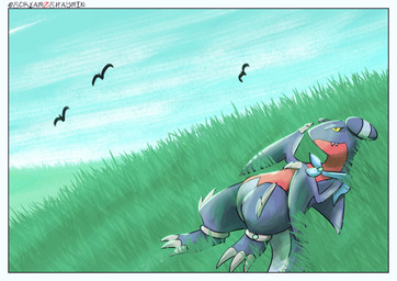 anklet black_sclera border cute_fangs fangs grass hillside jewelry plant relaxing scarf sky teeth yellow_eyes screamoshaymin nintendo pokemon avian bird gabite generation_4_pokemon pokemon_(species) hi_res signature