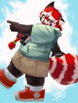 anthro black_body bottomwear clothing hoodie humanoid_hands kemono male red_body shorts slightly_chubby solo topwear aru7g lifewonders tokyo_afterschool_summoners zhurong_(tas) ailurid mammal red_panda 2021 hi_res