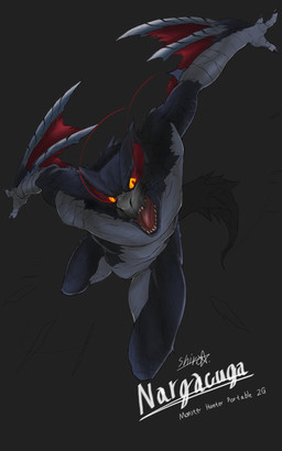 action_pose animal_genitalia anthro anthrofied athletic athletic_anthro athletic_male attack black_body black_skin flying genital_slit genitals glowing glowing_eyes jumping male open_mouth pose solo tail text wings yamato-art capcom monster_hunter mythology dragon flying_wyvern mythological_creature mythological_scalie nargacuga scalie 5:8 english_text hi_res signature