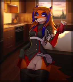 anthro beverage blep bodily_fluids bottomwear clothed clothed_anthro clothing clothing_lift cosplay female genital_fluids genitals hair highlights_(coloring) legwear looking_at_viewer panties panties_down partially_clothed presenting raised_bottomwear raised_clothing raised_skirt scenery skirt smile solo stockings tail thigh_highs tongue tongue_out underwear underwear_down uniform vaginal_fluids vulva nimari combat_cat_studio wild_assault kaitlyn_demon canid canine fox mammal hi_res