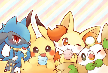 ambiguous_gender anthro beady_eyes beak black_body black_fur black_hair blue_body blue_fur blush candy cheek_spots dessert ear_tuft eating feathers feet feral fingers food fur green_body green_feathers group hair holding_object iris licking looking_at_viewer no_sclera one_eye_closed one_eye_obstructed open_mouth open_smile orange_body orange_fur pattern_background pawpads pink_tongue pupils red_eyes red_pupils simple_background sitting smile toes tongue tongue_out tuft white_body white_feathers white_fur white_pupils wings wink yellow_body yellow_pawpads kuronekotarou nintendo pokemon avian canid canine fennekin generation_1_pokemon generation_4_pokemon generation_6_pokemon generation_7_pokemon mammal pikachu pokemon_(species) riolu rodent rowlet