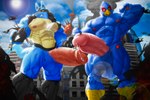aircraft anthro balls beak big_balls big_penis blue_body blue_feathers blue_fur bodily_fluids city destruction duo feathers fur genital_fluids genitals green_eyes half-erect helicopter low-angle_view macro male muscular muscular_male penis precum rampage red_eyes vehicle vein veiny_penis nunudodo nintendo pokemon star_fox falco_lombardi avian bird canid canine generation_4_pokemon lucario mammal pokemon_(species) absurd_res hi_res