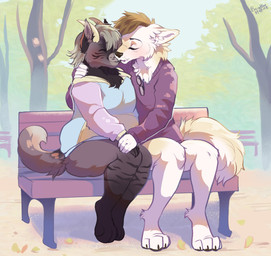 ambiguous_gender anthro bench bottomless bottomless_anthro bottomless_male claws clothed clothing duo eyes_closed eyewear feet fluffy glasses hand_holding holding_another intersex intersex/male kissing male outside park park_bench paws public scruffy sitting tail toes soureggnog jacks_littleheart sabbyth bovid canid canine canis caprine domestic_cat felid feline felis goat hybrid mammal wolf hi_res nonbinary_(lore)