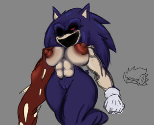 abs anthro areola big_breasts black_sclera blue_body blue_fur breasts clothing crossgender eyelashes female female_anthro front_view fur genitals gloves grey_background handwear mtf_crossgender muscular muscular_female nipples nude open_mouth red_areola red_eyes red_nipples simple_background solo tan_body tan_fur thick_thighs vulva white_clothing white_gloves white_handwear wide_hips pepefunne creepypasta sega sonic.exe_(creepypasta) sonic_the_hedgehog_(series) kolossos eulipotyphlan hedgehog mammal