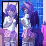 anthro bat_wings bathroom blush bottomwear clothed clothing detailed_background ear_tuft eyebrows eyelashes eyeshadow female footwear fully_clothed inside legwear looking_at_mirror looking_at_object makeup membrane_(anatomy) membranous_wings miniskirt mirror panties pupils reflection school_uniform skirt slit_pupils socks solo stockings thigh_highs thigh_socks tuft underwear uniform wings g-blue16 hasbro my_little_pony dusk_rhine fan_character bat_pony equid mammal 1:1 2016 digital_media_(artwork) hi_res portrait three-quarter_portrait