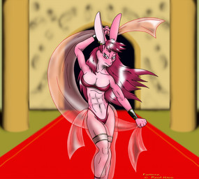 abs anthro big_breasts breasts cleavage clothed clothing dancing female fur hair harem harem_outfit long_hair muscular muscular_anthro muscular_female navel pink_body pink_fur shawl solo translucent translucent_clothing aelius paul_kidd fatima lagomorph mammal