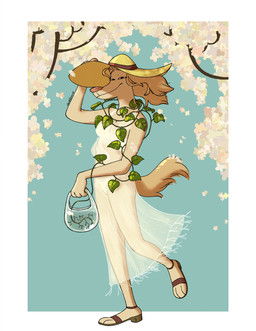 anthro bag bra cherry_blossom cherry_blossom_tree cherry_tree clothing day dress female female_anthro flower footwear fruit_tree fur hair hat headgear headwear looking_at_viewer narrowed_eyes on_one_leg outside panties plant prunus_(flower) sandals shoes solo standing sun_hat tan_body tan_fur tan_hair translucent translucent_clothing tree underwear vines nardodraws canid canine canis domestic_dog mammal 2026 hi_res signature