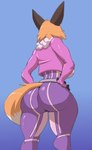 anthro big_breasts big_butt blue_background bodysuit breasts butt butt_focus clothed clothing female furgonomics hands_on_hips huge_butt rear_view simple_background skinsuit solo thick_thighs tight_clothing wide_hips cooliehigh rimba_racer meika_(rimba_racer) canid canine fox mammal 2021 hi_res