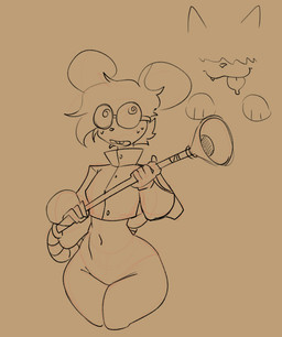 ambiguous_gender anthro black_line_art blep bodily_fluids bottomless breasts brown_background buckteeth closed_smile clothed clothing collared_shirt crop_top dress_shirt duo eyewear fangs featureless_crotch female fingers glasses hair hair_over_eyes holding_object medium_breasts mouth_closed navel nervous open_mouth round_glasses shirt simple_background smile spiral spiral_eyes sweat teeth thick_thighs tongue tongue_out topwear wide_hips justbirb muffin_(goommymuffin) paprika_(justbirb) felid ghost mammal mouse murid murine rodent spirit 2025 digital_media_(artwork) guide_lines sketch female_(lore)