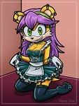 5_toes anthro breasts cleavage clothed clothing ear_piercing feet female fingers fur gloves green_eyes hair handwear kneeling legwear looking_at_viewer maid_uniform piercing plantigrade purple_hair simple_background smile solo stockings tail toes uniform pervydoe archie_comics sega sonic_the_hedgehog_(archie) sonic_the_hedgehog_(comics) sonic_the_hedgehog_(series) mina_mongoose herpestid mammal mongoose 3:4 digital_media_(artwork) hi_res
