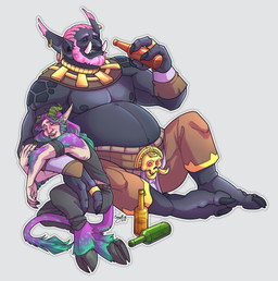 2_toes 3_fingers arm_hug arm_tuft armband barefoot beards belly belt belt_buckle biceps big_belly big_hands black_arms black_body black_chest black_feet black_fingers black_hands black_head black_legs black_nipples black_skin black_toes blush blushing_profusely body_hair bottle bottomwear broad_shoulders buckle claws clothed clothing container cornrows cuddling drinking drunk duo ear_piercing ear_ring ear_tuft elbow_tuft eyebrows feet fingers fur furry_body furry_tail gloves goat_legs grin hair hand_on_arm handwear happy hooves jewelry larger_male long_eyebrows long_hair male male/male male_humanoid midriff multicolored_hair musclegut muscular navel necklace nipples open_mouth pants piercing pleased_expression pointy_ears relaxed_expression ring ring_piercing scar shoulder_tuft size_difference sleeping sleeveless_clothing smaller_male smile substance_intoxication tail text toes topless topwear tuft tusks vest wristband sarkyfancypants hasani_(rakeesh) sarral_(rakeesh) humanoid satyr troll_(mythology) troll_(warcraft) 2019 absurd_res artist_name colored digital_media_(artwork) hi_res shaded signature