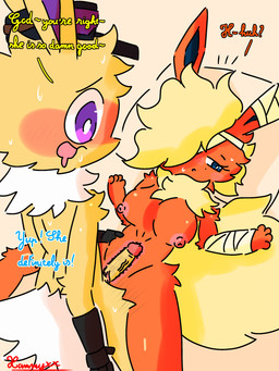 anthro anthro_on_anthro anthro_penetrated anthro_penetrating anthro_penetrating_anthro anthrofied bandage bandage_on_face bandaged_arm bandaged_ear bed big_tail black_clothing black_gloves black_handwear black_hat black_headwear blonde_hair blue_eyes blue_inner_ear blush bodily_fluids breasts clothing drooling duo eyebrows eyelashes eyewear female female_penetrated fur furniture genitals glasses gloves hair handwear hat headgear headwear humanoid_genitalia humanoid_penis looking_at_another lying male male/female male_penetrating male_penetrating_female mostly_nude neck_tuft nipples nude nude_anthro nude_female nude_male offscreen_character on_back on_bed open_mouth orange_body orange_fur penetration penis pillow pokemorph purple_eyes purple_eyewear purple_glasses purple_inner_ear saliva sex sleep_sex sleeping sweat tail talking_to_another text tuft vaginal vaginal_penetration vulva wake_up_sex waking_up white_tail x-ray_view yellow_body yellow_ears yellow_fur yellow_tail conditional_dnp xammyxx nintendo pokemon fan_character eeveelution flareon generation_1_pokemon jolteon pokemon_(species) 2025 3:4 absurd_res digital_media_(artwork) english_text hi_res ibispaint_(artwork) shaded signature watermark