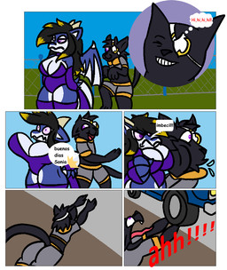 anthro armwear black_hair blonde_highlights bodily_fluids bottomwear butt_slap car choker clothing comic_panel duo elbow_gloves eye_patch eyewear female gloves hair handwear highlights_(coloring) horn jewelry legwear leotard long_hair male necklace punch purple_eyes saliva shirt shorts slap sneaking spanking speech_bubble standing stockings tail text topwear vehicle vehicular_manslaughter swissy_(artist) buenos_dias_mandy mythology omnyx_(omnyx) swissy domestic_cat dragon felid feline felis mammal mythological_creature mythological_scalie scalie draw_over meme spanish_text