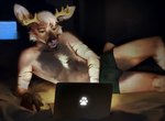 2023 adelaherz anthro antlers bed bulge clothed clothing computer deer electronics fur furniture horn inside laptop lying male mammal on_bed on_side solo tan_body tan_fur underwear underwear_only