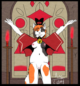 anthro bell bell_collar breasts candle candlestick church cloak cloak_only clothing collar crown female genitals headgear inside nipples nude raised_arm ritual slightly_chubby slightly_chubby_female vulva arc_rose cult_of_the_lamb massive_monster_(studio) ciera_locuat calico_cat domestic_cat felid feline felis mammal digital_drawing_(artwork) digital_media_(artwork) hi_res