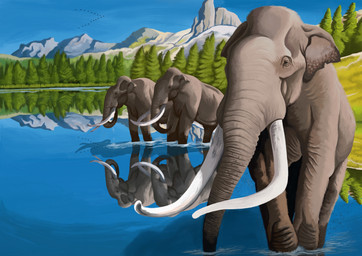 ambiguous_gender feral forest grass grey_body grey_skin group lake mountain plant proboscis_(anatomy) quadruped tree trio trunk_(anatomy) tusks walking agustindiazart ambient_bird ambient_bison elephantid mammal mammoth prehistoric_species proboscidean southern_mammoth 2024 absurd_res hi_res