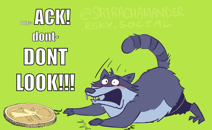 anthro blush bottomwear clothing coin embarrassed green_background male open_mouth shorts simple_background slightly_chubby solo text srirachamander coins_(cattlechoir) mammal procyonid raccoon 2026 english_text hi_res
