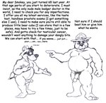 angry anthro biped clothing duo fist flirting genitals gesture hand_gesture hat hat_only headgear headgear_only headwear headwear_only humanoid_genitalia humanoid_penis male male/male mostly_nude musclegut muscular muscular_male nude overweight overweight_male palm_up penis pointing simple_background text wall_of_text white_background brucebadger united_states_forest_service smokey_bear badger bear mammal mustelid musteline black_and_white character_name comic_sans english_text monochrome sketch traditional_media_(artwork)