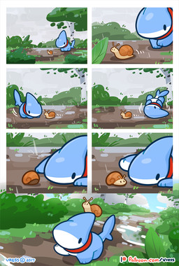 ambiguous_gender carrying_another chibi collar curious daww dot_eyes duo feral hiding motion_lines on_head outside plant puddle quadruped raining rolling shell shrub simple_eyes sitting sitting_on_another sitting_on_head size_difference solid_oval_eyes tree walking vress_(artist) vress_(character) aquatic fish gastropod hybrid mollusk shark shark_puppy snail 2017 comic