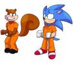 anthro cuff_(restraint) duo frustrated handcuffed handcuffs inmates_clothing metal_cuffs orange_jumpsuit prison prison_suit prison_uniform prisoner restraints shackles dankmemebirb360 nickelodeon sega sonic_the_hedgehog_(series) spongebob_squarepants sandy_cheeks sonic_the_hedgehog eulipotyphlan hedgehog mammal rodent sciurid tree_squirrel crossover