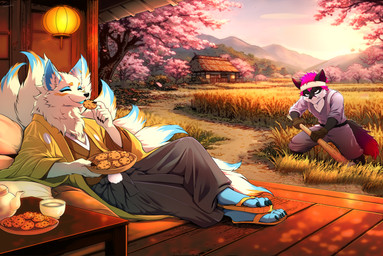 anthro black_body black_fur black_nose blue_body blue_ears blue_fur cheek_tuft clothed clothing day detailed_background duo eyes_closed facial_tuft fur male markings multi_tail orange_body orange_fur outside plant smile tail tuft yellow_body yellow_fur ricardo_4rt vulfe_(hackencraft) canid canine fox fox_spirit mammal absurd_res digital_media_(artwork) hi_res huge_filesize