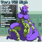 1:1 accessories_only big_breasts bow_ribbon breasts character_bio cthulhu_mythos elder_gods_(h.p._lovecraft) english_text face_tentacles female genitals h.p._lovecraft hi_res high_school huge_breasts lock locker monster nipples nude purple_body purple_breasts purple_nipples purple_skin purple_tentacles pussy school slushy solo tentacle_pussy tentacles text