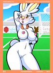 anthro anthrofied ball big_breasts blush bodily_fluids breasts exhibitionism female genital_fluids genitals hand_behind_head looking_at_viewer navel nipples nude open_mouth open_smile orange_eyes outside pokemorph public public_nudity pussy smile soccer_ball solo text vaginal_fluids white_body lunaris_parukia nintendo pokemon generation_8_pokemon lagomorph leporid mammal pokemon_(species) rabbit scorbunny 2021 absurd_res digital_media_(artwork) hi_res url