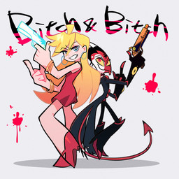 anthro blep blonde_hair clothed clothing dress duo female forked_tongue gesture hair hand_gesture male middle_finger text tongue tongue_out mekimeki_dog hellaverse helluva_boss panty_and_stocking_with_garterbelt blitzo_(helluva_boss) panty_anarchy demon human imp mammal 1:1 crossover english_text hi_res