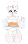 anthro apron blue_eyes blush breasts cake chef_hat clothed clothing dessert female food frosting fur hat headgear headwear heart_eyes heart_symbol holding_cake holding_food holding_object pink_tongue solo standing tongue tongue_out white_body white_fur fredek666 bimbo_(bakery) bimbo_bear bear mammal digital_media_(artwork) hi_res portrait shaded three-quarter_portrait