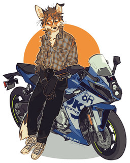 anthro belt belt_buckle black_bottomwear black_clothing black_nose blue_clothing blue_footwear blue_shoes bottomwear bracelet brown_hair buckle checkered checkered_clothing checkered_shirt checkered_topwear clothing footwear fur geometric_background hair jewelry leaning_on_motocycle leaning_on_object leaning_on_vehicle looking_down male male_anthro motorcycle mouth_closed multicolored_body multicolored_face multicolored_fur pattern_clothing pattern_shirt pattern_topwear shirt shoes simple_background solo topwear vehicle white_body white_fur yellow_body yellow_face yellow_fur serpent_x suzuki canid canine fox mammal red_fox true_fox 4:5 hi_res signature