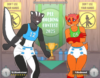 5_fingers anthro arms_out arms_outstretched award bangs banner belly black_arms black_body black_chest black_eyebrows black_fur black_legs black_torso blue_clothing blue_crop_top blue_diaper_frill blue_diaper_tape blue_eyes blue_shirt blue_tank_top blue_topwear blush bodily_fluids bottle cheek_tuft clean_diaper clenched_hands clenched_teeth clock clothed clothing competition concentrating concentration container contest countershade_legs countershade_torso countershading crop_top crossed_arms desperation detailed_background diaper diaper_fetish diaper_tape duo empty_bottle eyebrows eyelashes eyes_closed facial_markings facial_tuft fingers fist fluffy fluffy_ears fluffy_tail form_fitting fur fur_markings fur_tuft furniture furrowed_brow furry_tail glistening glistening_metal glistening_nose green_clothing green_crop_top green_shirt green_tank_top green_topwear grey_arms grey_chest grey_ears grey_face grey_hands grey_neck grey_snout grey_tail grey_torso grey_tuft hair head_markings head_stripes holding_arms humanoid_hands iconography knock-kneed logo long_tail looking_at_another male markings meter midriff multicolored_arms multicolored_body multicolored_ears multicolored_face multicolored_fur multicolored_legs multicolored_tail multicolored_torso navel neck_tuft no_symbol number number_on_clothing number_on_tank_top numbered omorashi orange_arms orange_belly orange_body orange_chest orange_ears orange_face orange_fur orange_legs orange_navel orange_neck orange_snout orange_tail orange_torso pantsless pantsless_anthro pantsless_male pee_holding pee_holding_contest plaque plastic_bottle potty_dance progress_bar raised_tail red_arms red_body red_fur red_hair red_hands red_inner_ear red_legs red_markings red_nose shaking shirt short_tail skunk_tail sportswear stripes sweat sweatdrop table tablecloth tail tank_top teeth thick_eyebrows thin_eyebrows timer topwear trembling trophy tuft urine_meter venue wall_(structure) water_bottle wearing_diaper white_belly white_body white_countershading white_diaper white_fur white_inner_ear white_legs white_markings white_navel white_nose white_stripes white_tail white_torso wood wood_furniture wood_table wood_wall darksidefighter redmond_brown skunkotaur badger mammal mephitid mustelid musteline skunk artist_logo colored digital_drawing_(artwork) digital_media_(artwork) hi_res