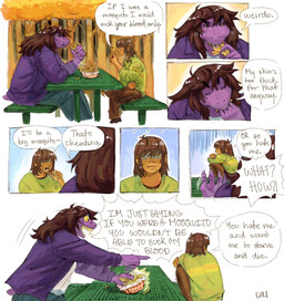 anthro bottomwear brown_hair chips_(food) clothing denim denim_bottomwear denim_clothing dialogue duo female food forest freckles green_clothing green_shirt green_topwear hair jeans male outside pants plant purple_body purple_skin shirt sitting speech_bubble text topwear tree colicolicolicoli deltarune undertale_(series) kris_dreemurr susie_(deltarune) human mammal comic english_text hi_res nonbinary_(lore)