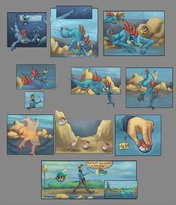 after_transformation ambiguous_gender captured dialogue feral fishing_line fishing_rod group male pokeball question_mark railing rock sign speech_bubble spiral star tugging underwater water fauvfox nintendo pokemon hilda_(pokemon) pokemon_trainer decidueye feraligatr generation_2_pokemon generation_7_pokemon human mammal pokemon_(species) totodile 2017 absurd_res comic hi_res