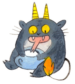 ambiguous_gender anthro black_hooves container cup drinking fangs forked_tongue hooves horn milk mug pink_tongue simple_background sitting solo tail tail_tuft teeth tongue tuft whiskers white_background yellow_eyes yellow_horn osier_forest monster 2023 hi_res
